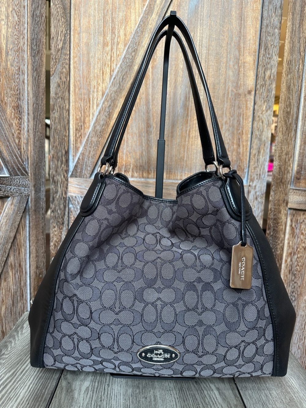 Coach Edie Signature Leather & Jacquard Shoulder Bag with Large Silver Metal Tag